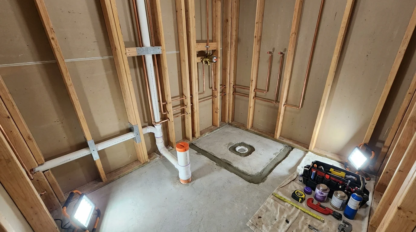 Bathroom rough-in plumbing during remodel by Johns Plumbing LLC in Price