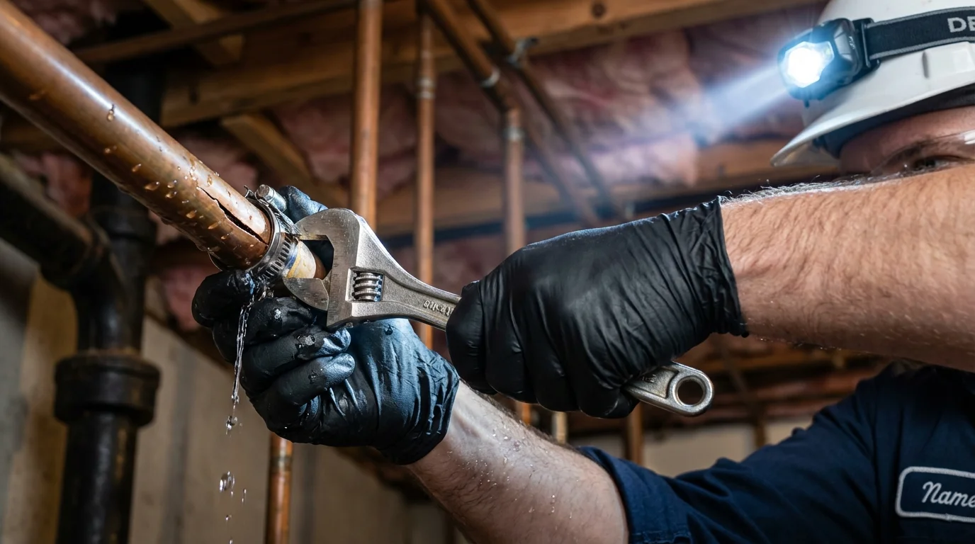 Emergency pipe clamp repair being performed by a Johns Plumbing LLC plumber in Price