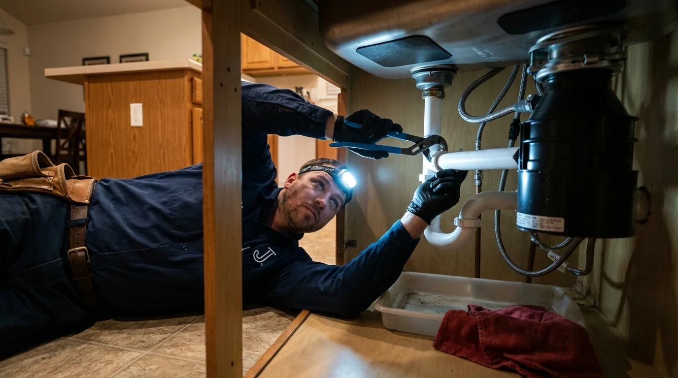 P-trap and supply line connections under a kitchen sink showing a common leak point in Price, UT